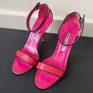Manolo Blahnik Pink Patent leather Heel with Black Trim and Ankle Strap Size 39